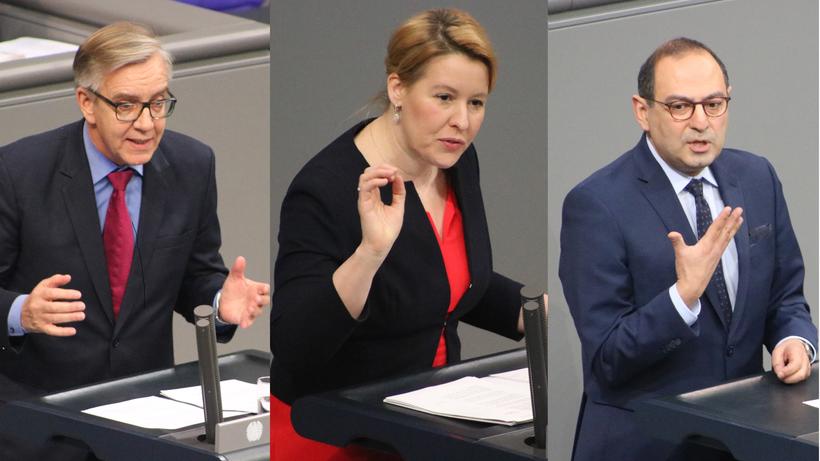 Sprachen im Bundestag zum Starke-Familien-Gesetz: Dietmar Bartsch (Linke), Franziska Giffey (SPD) und Grigorios Aggelidis (FDP). - Bild: zwd
