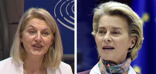 Evelyne Regner, Vorsitzende des EP-FEMM-Ausschusses; Kommissionschefin Ursula von der Leyen am 8. März im EP-Parlament