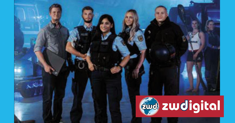 Drei M&auml;nner, zwei Frauen auf demn Werbecover der Bundespolizei (Bildausschnitt aus dem Flyer der Bundespolizei)