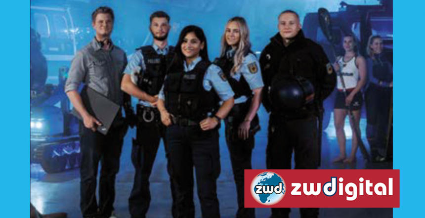 Drei M&auml;nner, zwei Frauen auf demn Werbecover der Bundespolizei (Bildausschnitt aus dem Flyer der Bundespolizei)